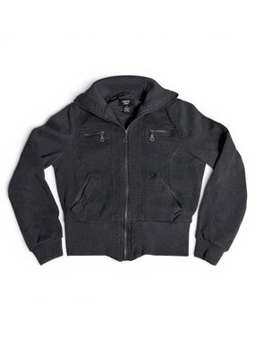 Y2K Miss Lili Charcoal Gray Zip-Front Knit Bomber Moto Jacket with Ribbed Trim